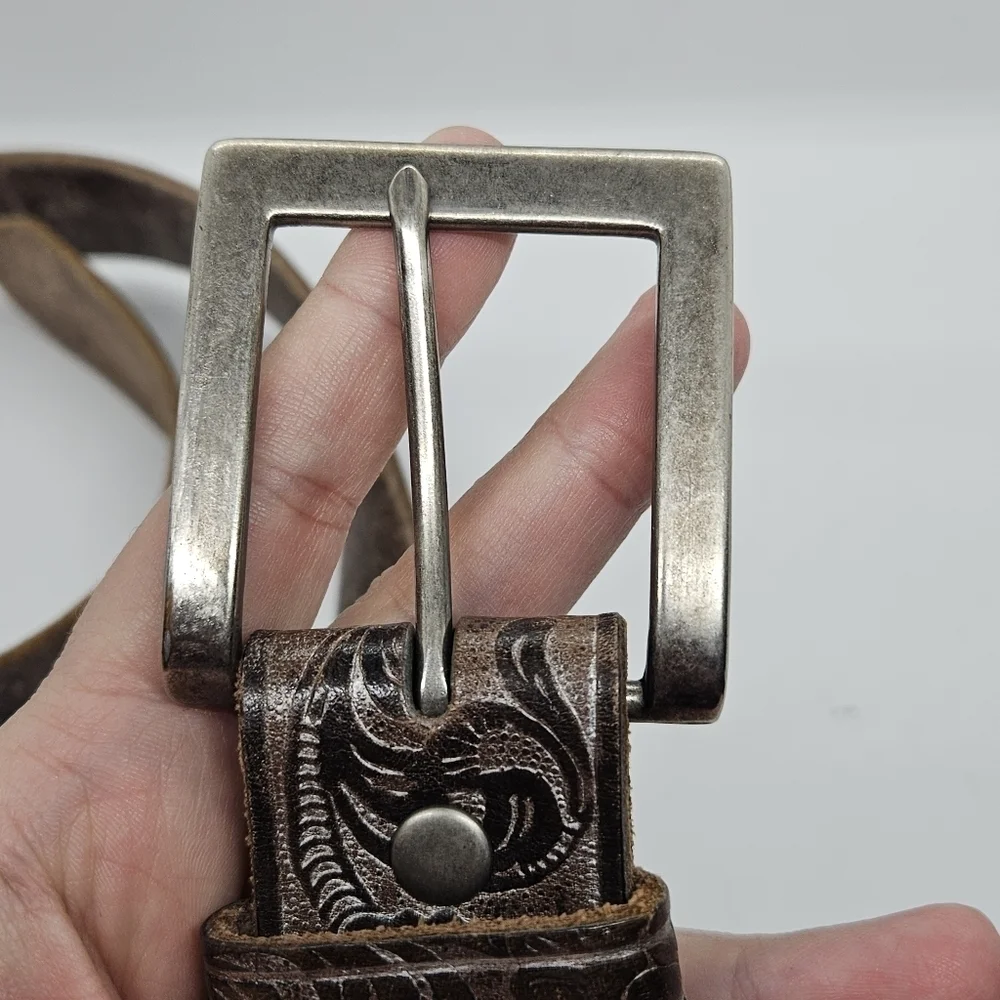 brown embossed leather belt with silvery metallic overtone large